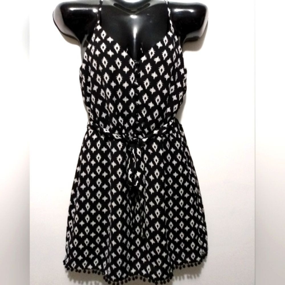 Black White Diamond Print Pom Pom Trim Dress Size Small